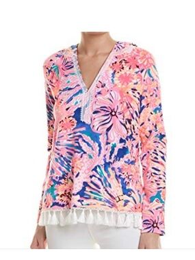 Lilly Pulitzer Harmon Hoodie Pink & Blue Floral V-Neck Tunic